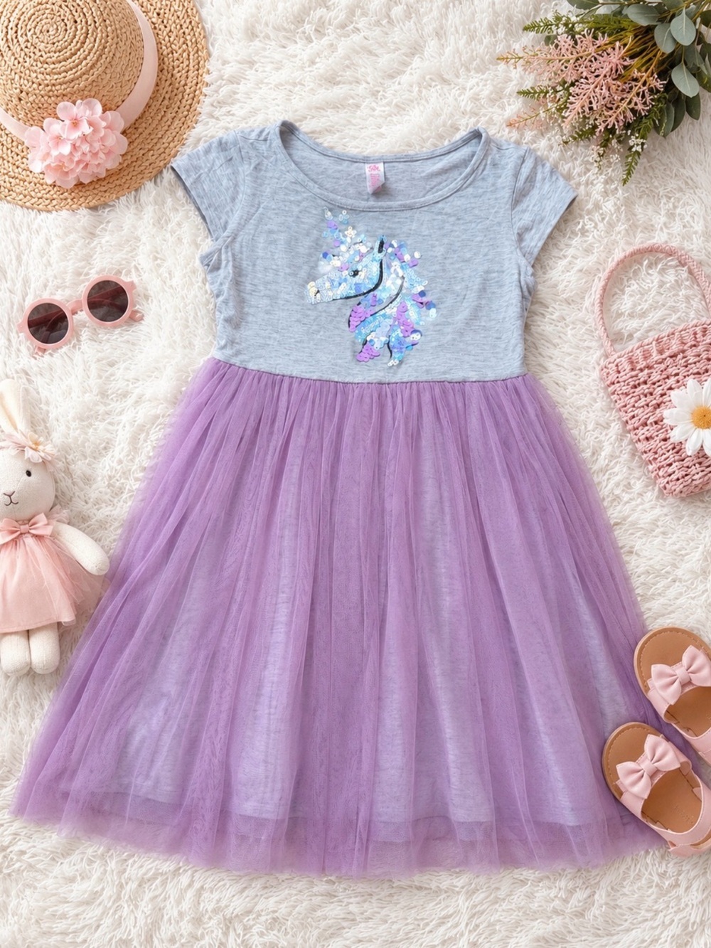 Girls' Gray & Purple Unicorn Tulle Dress